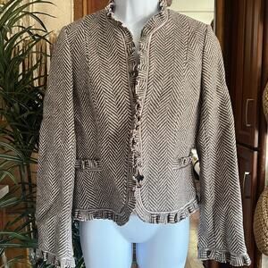 Rebecca Taylor Wool Tweed Ruffle Blazer Jacket | Size 6 | Herringbone Taupe Pink